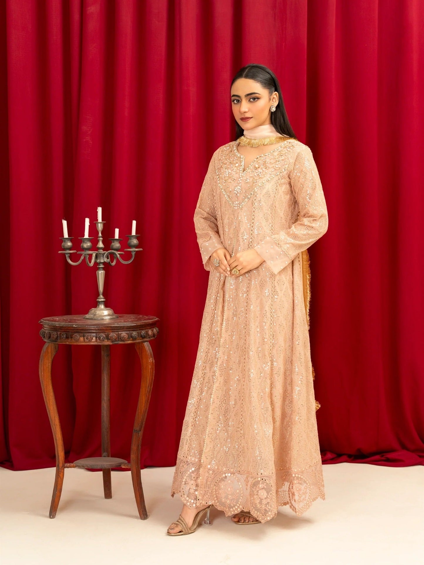 Peach Manahil Arts Chiffon Embellished Stitched 3-Piece Suit-K-136-Peach