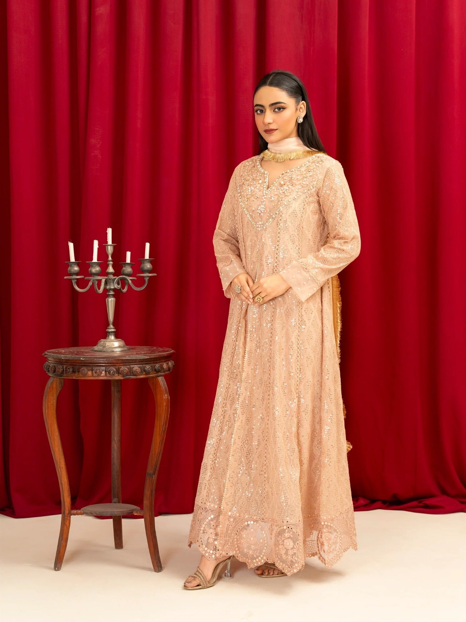 Peach Manahil Arts Chiffon Embellished Stitched 3-Piece Suit-K-136-Peach