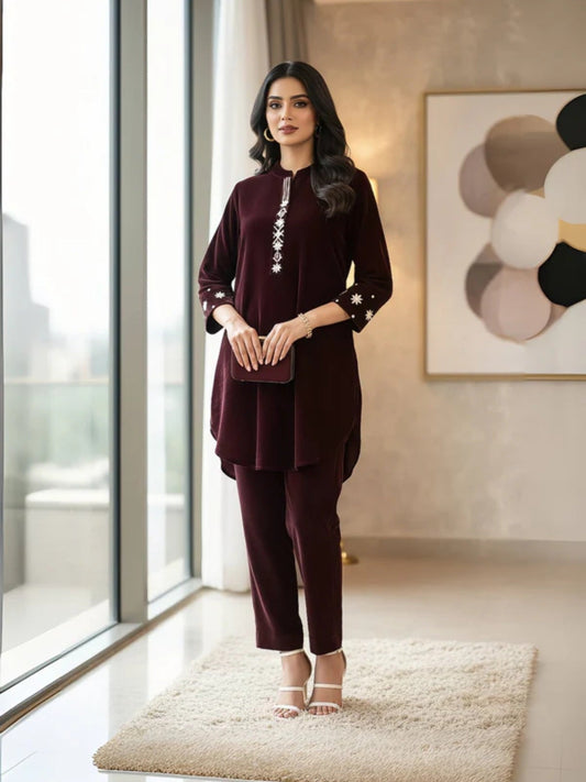 Burgundy Manahil Arts Imported Micro 9000 Velvet Embroidered Co-Ord Set-Burgundy