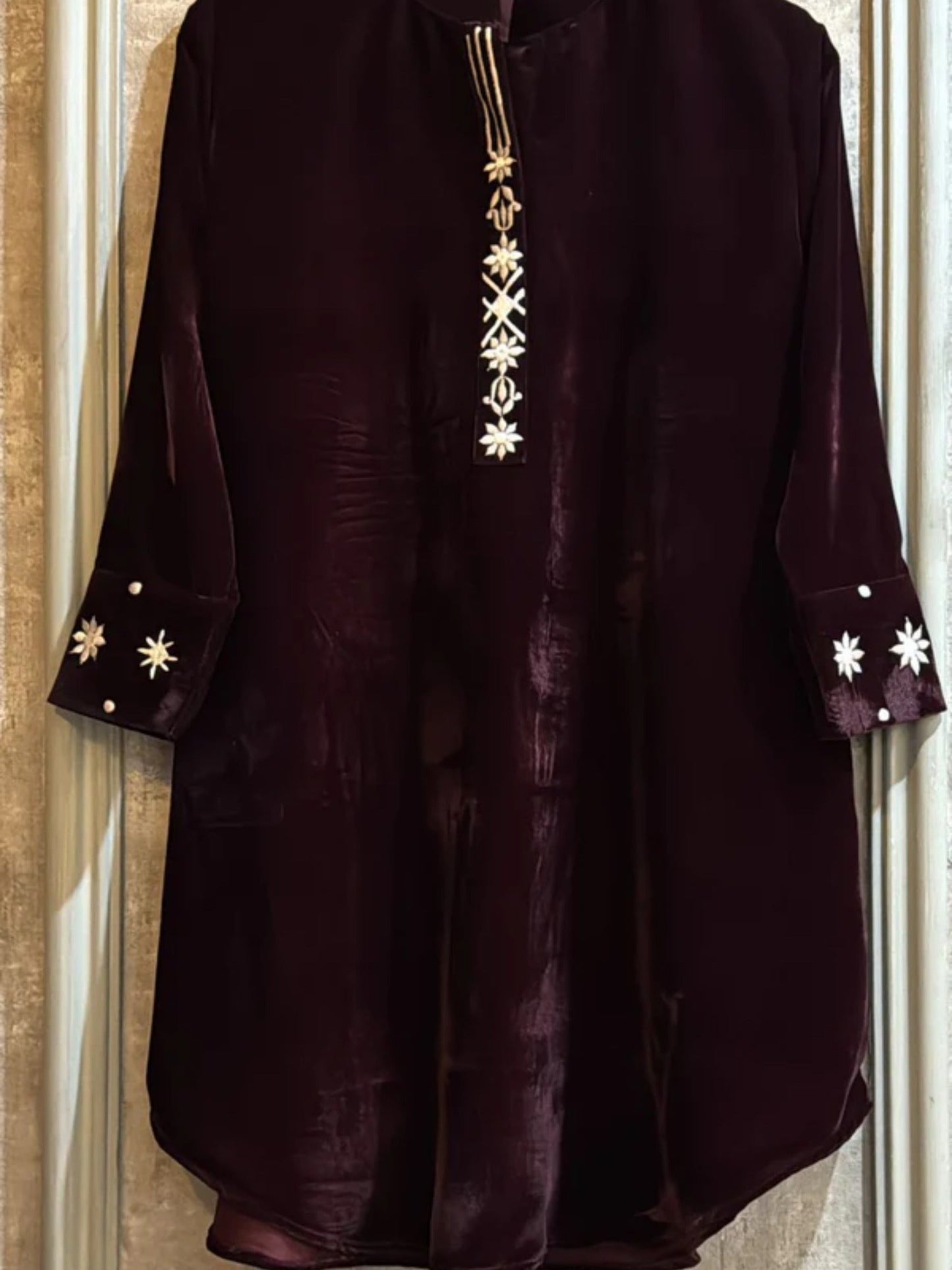 Burgundy Manahil Arts Imported Micro 9000 Velvet Embroidered Co-Ord Set-Burgundy