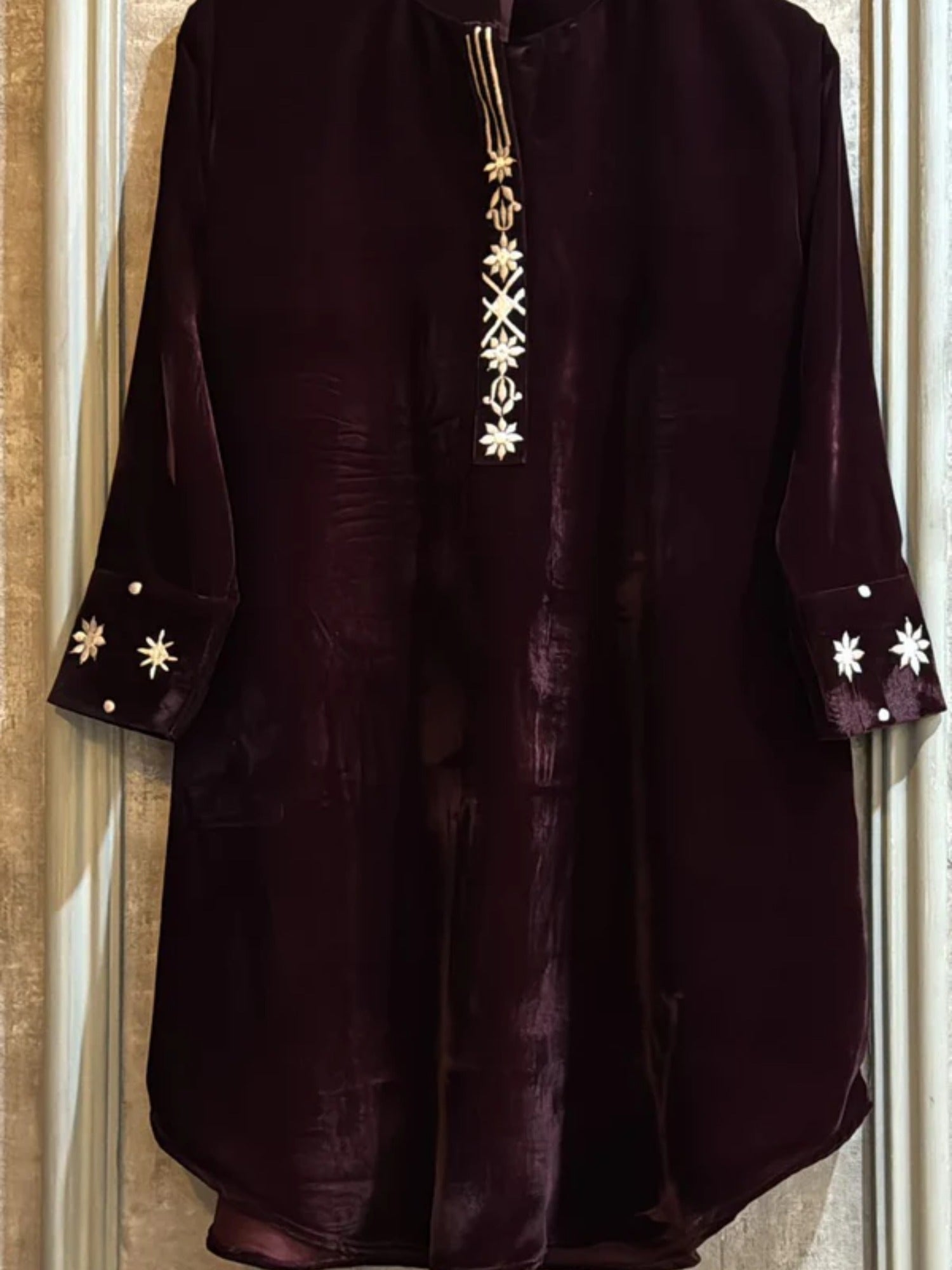 Burgundy Manahil Arts Imported Micro 9000 Velvet Embroidered Co-Ord Set-Burgundy
