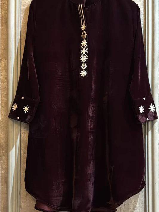 Burgundy Manahil Arts Imported Micro 9000 Velvet Embroidered Co-Ord Set-Burgundy