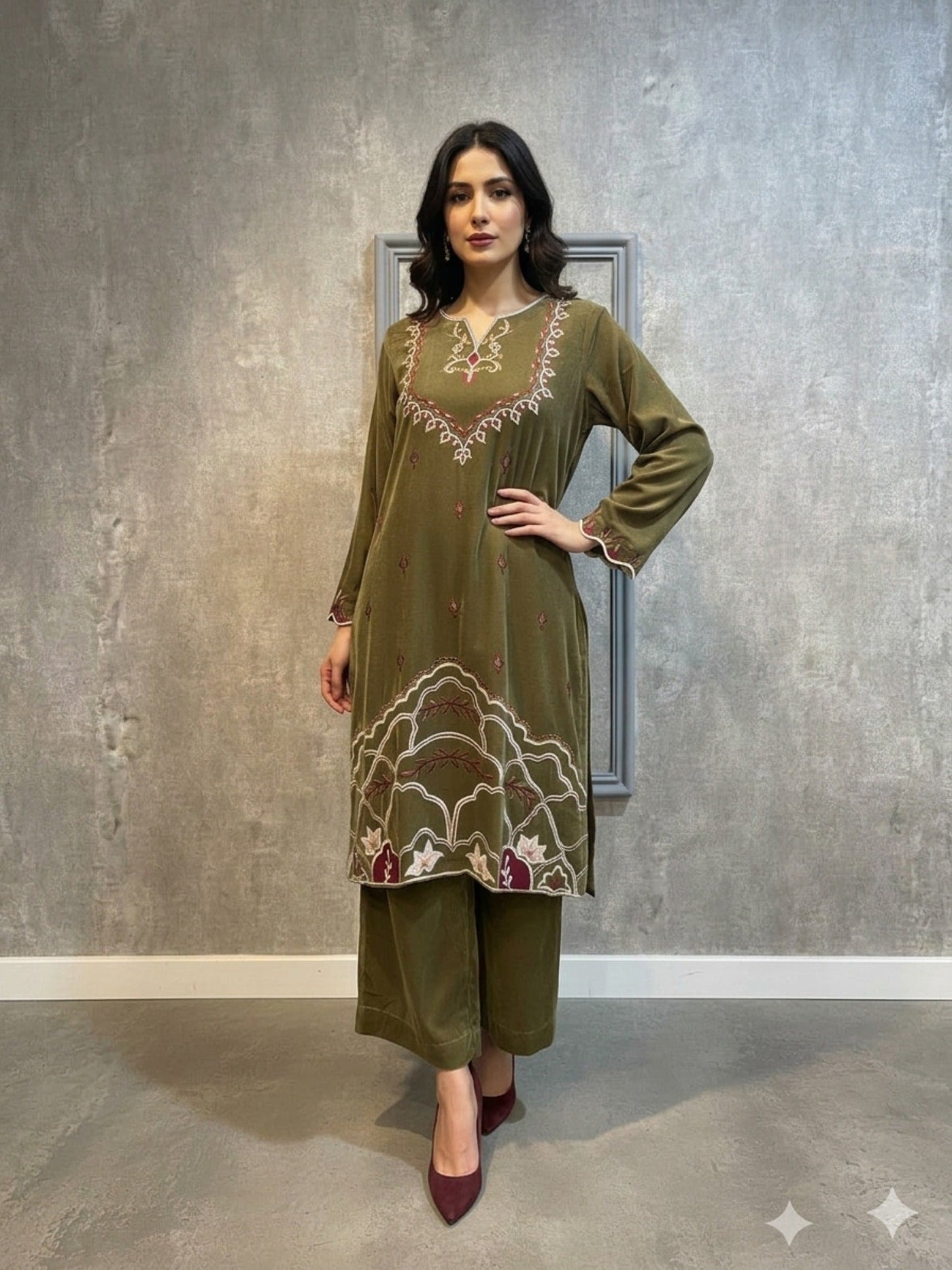Olive Manahil Arts Imported Micro 9000 Velvet Embroidered Stitched 2-Piece Suit-Olive Velvet