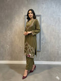 Olive Manahil Arts Imported Micro 9000 Velvet Embroidered Stitched 2-Piece Suit-Olive Velvet