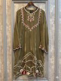 Olive Manahil Arts Imported Micro 9000 Velvet Embroidered Stitched 2-Piece Suit-Olive Velvet