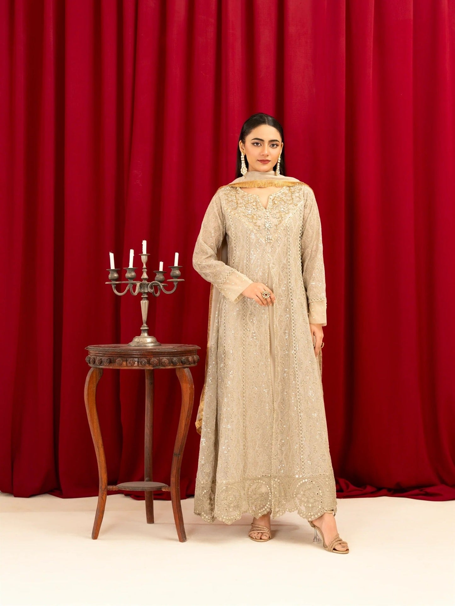 Beige Manahil Arts Chiffon Embellished Stitched 3-Piece Suit-K-136-Beige