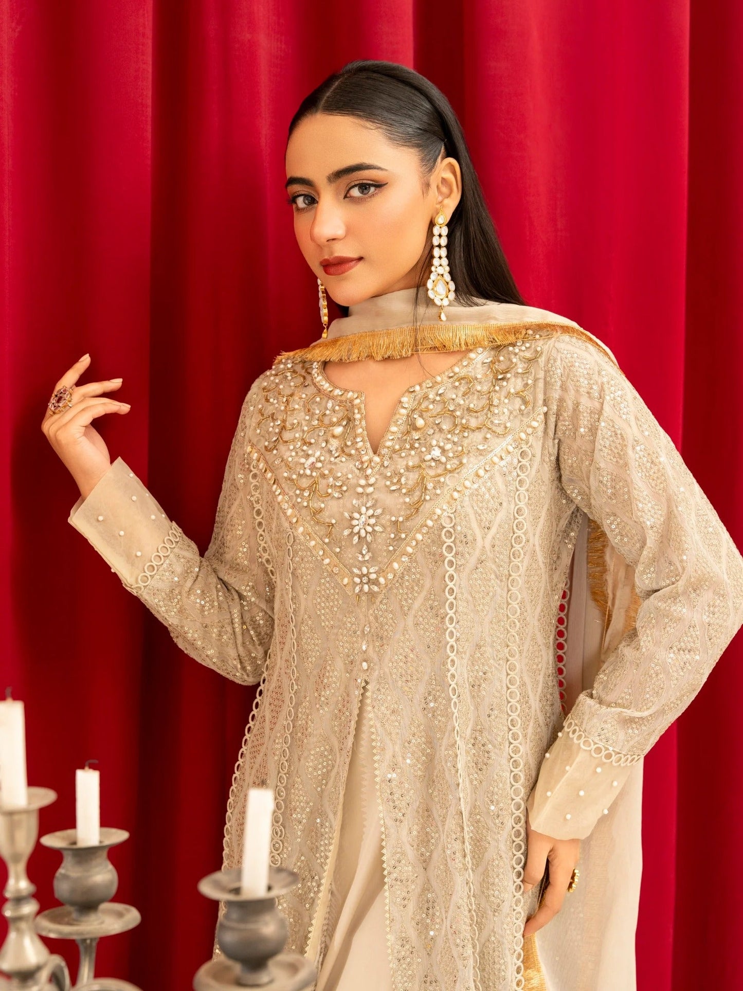 Beige Manahil Arts Chiffon Embellished Stitched 3-Piece Suit-K-136-Beige