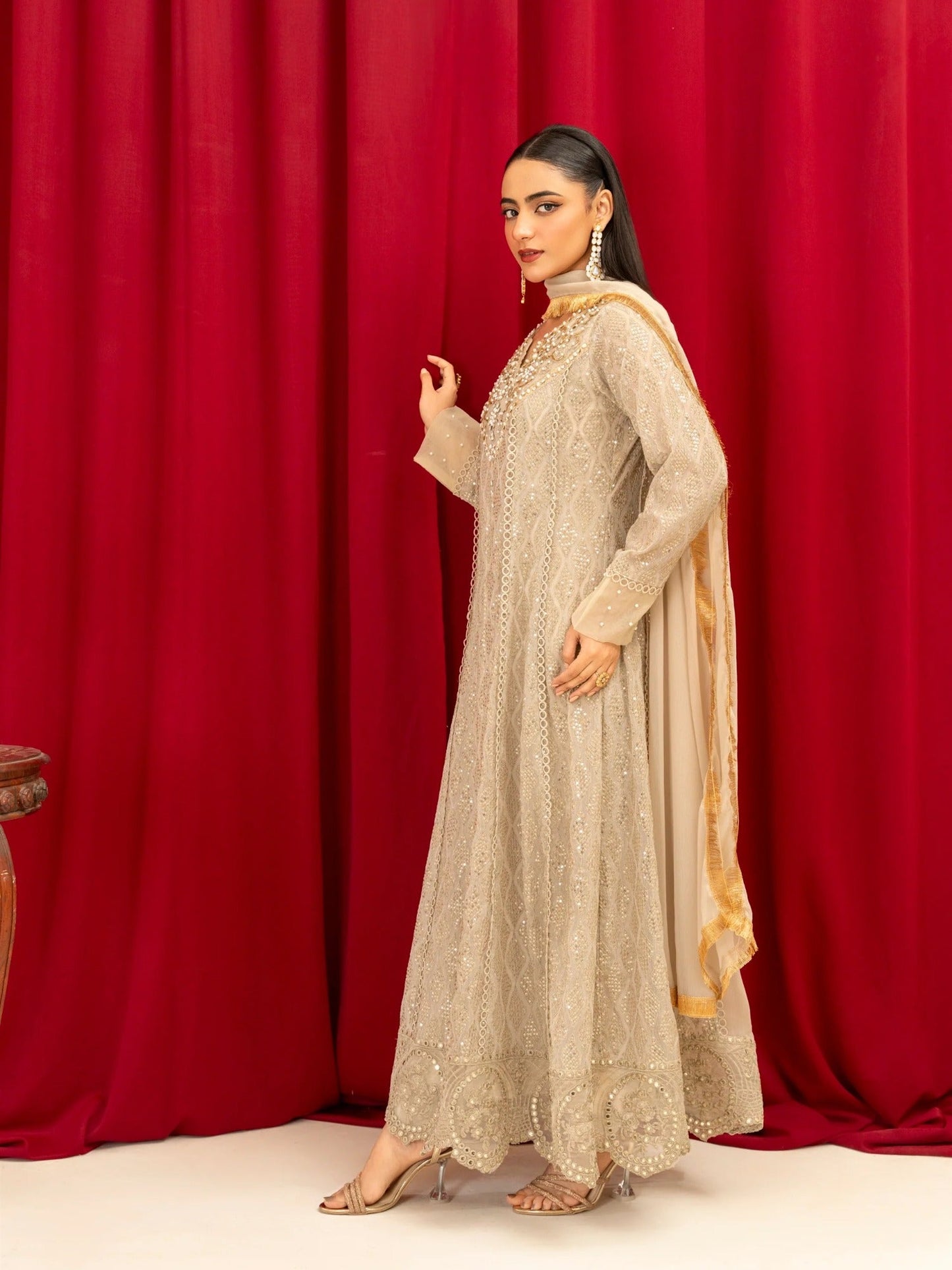 Beige Manahil Arts Chiffon Embellished Stitched 3-Piece Suit-K-136-Beige