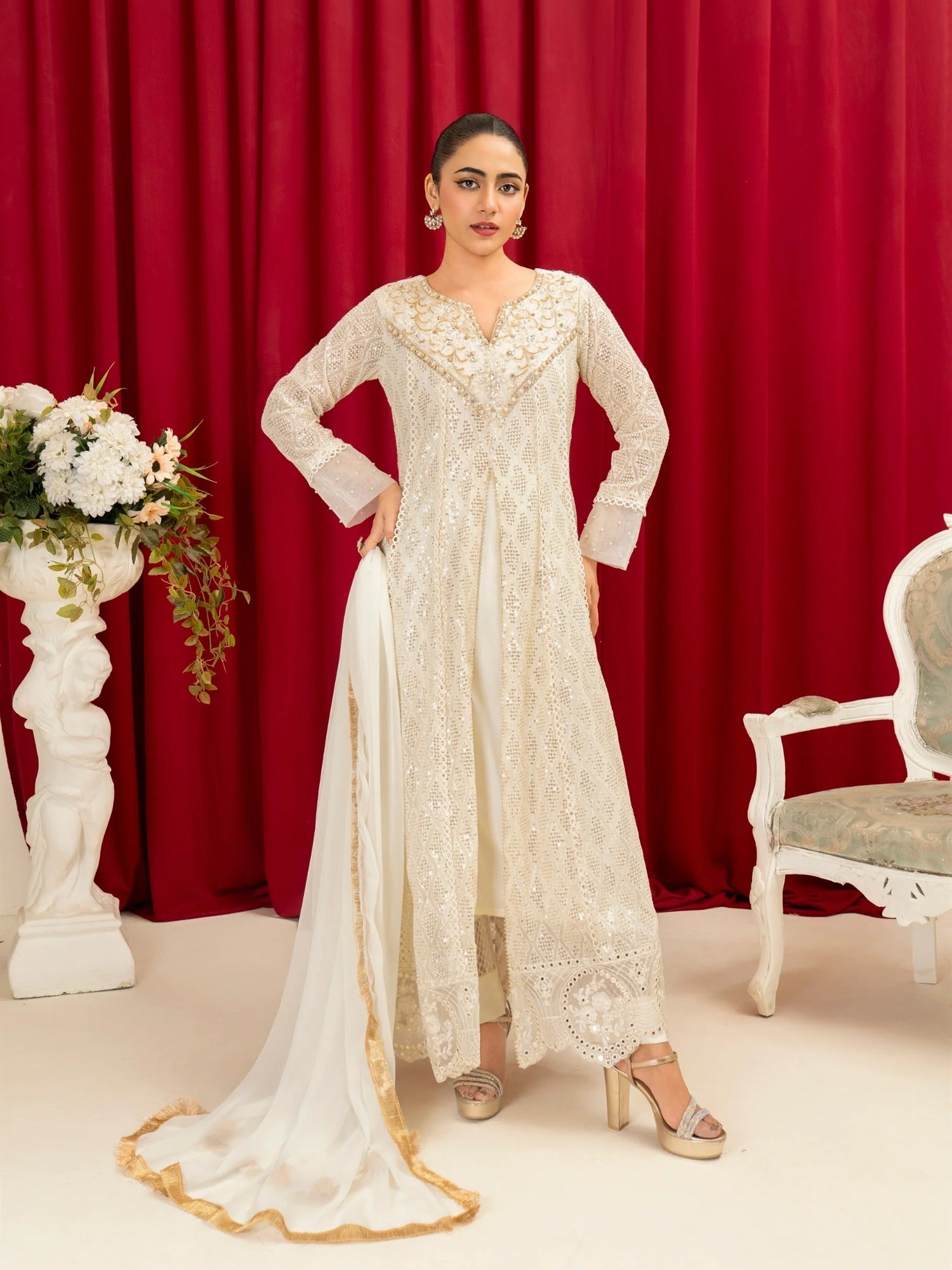 Manahil Arts Chiffon Embellished Stitched 3-Piece Suit-K-136-Off White 