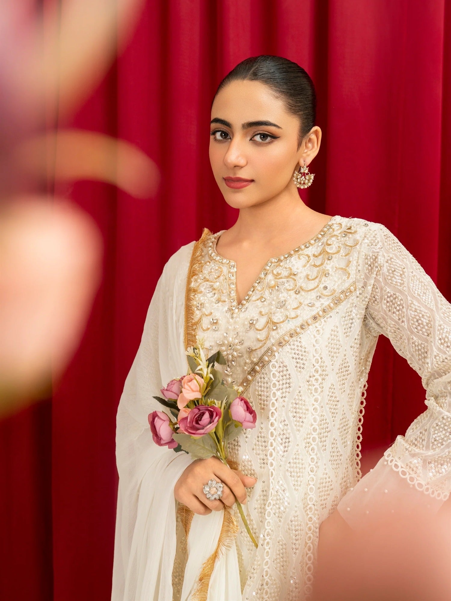 Manahil Arts Chiffon Embellished Stitched 3-Piece Suit-K-136-Off White 