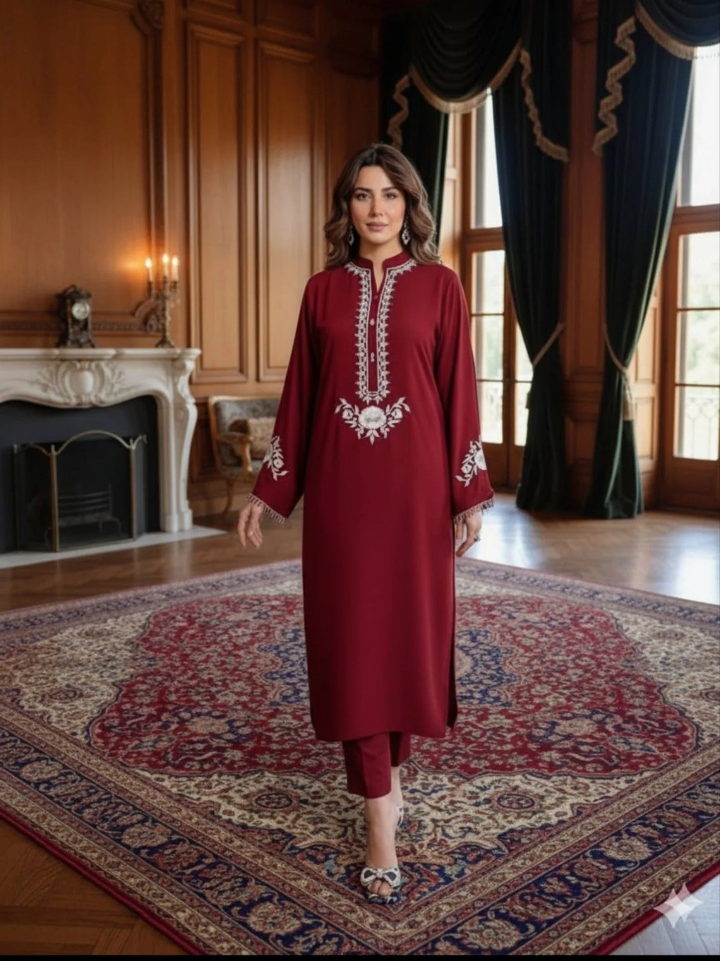 Red Manahil Arts Georgette Embroidered Stitched 2-Piece Suit-Thread Art Dark Blood Red