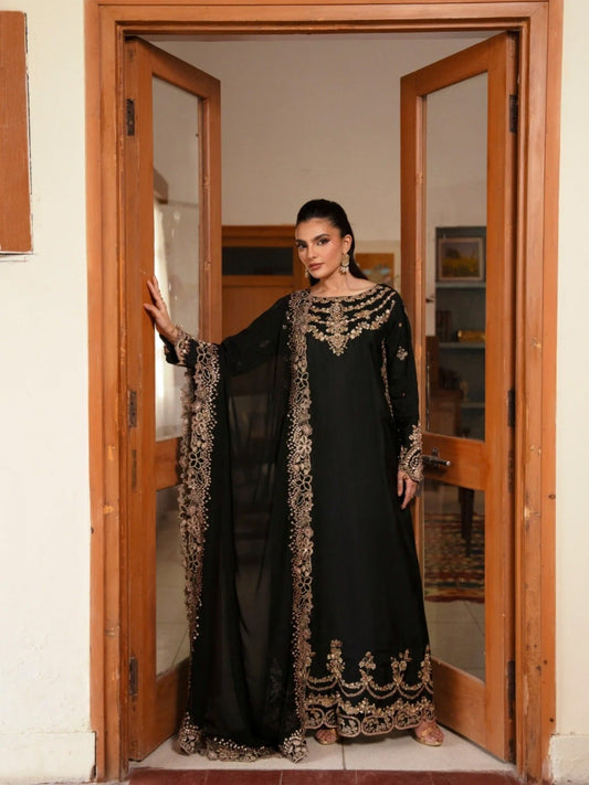 Black Haleema Sadia Sheesha Silk Embellished Stitched 3-Piece Suit-Ziya