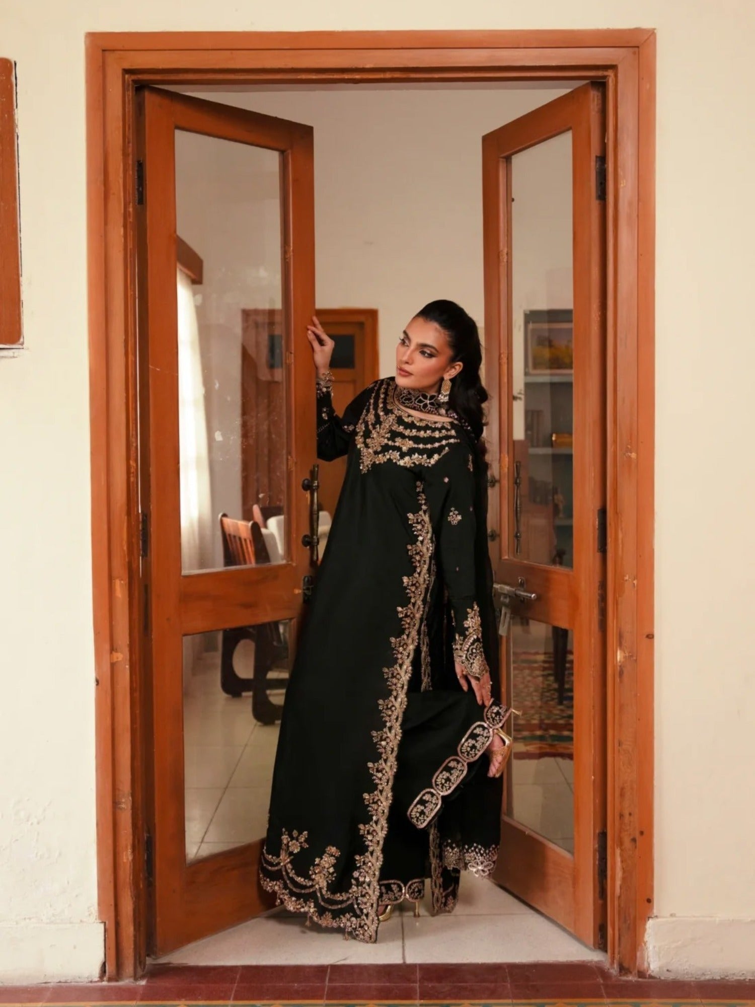 Black Haleema Sadia Sheesha Silk Embellished Stitched 3-Piece Suit-Ziya