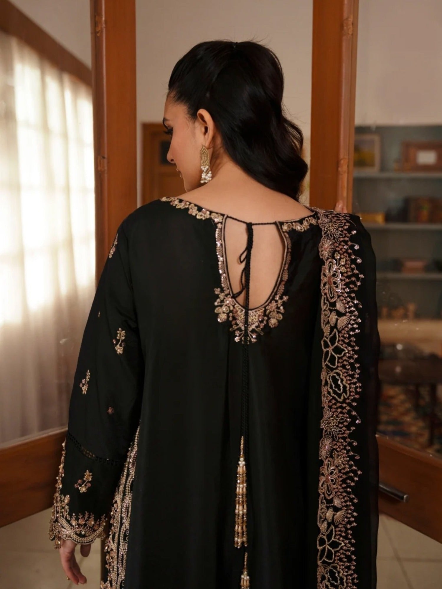 Black Haleema Sadia Sheesha Silk Embellished Stitched 3-Piece Suit-Ziya