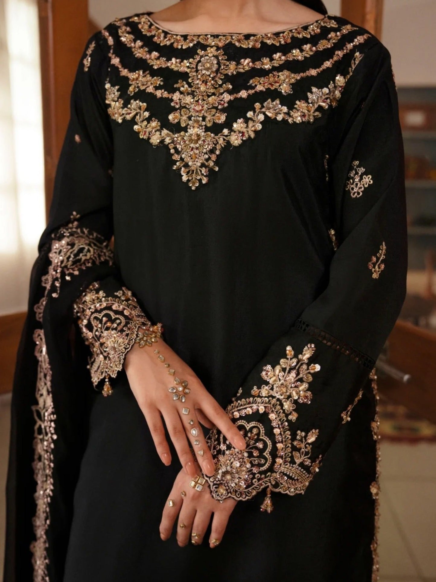 Black Haleema Sadia Sheesha Silk Embellished Stitched 3-Piece Suit-Ziya