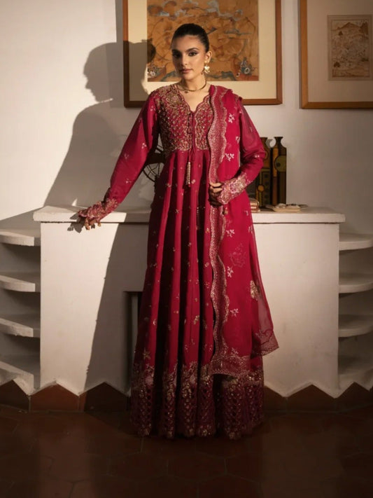 Pink-Haleema Sadia Sheesha Silk Embellished Stitched 3-Piece Suit-Ziva