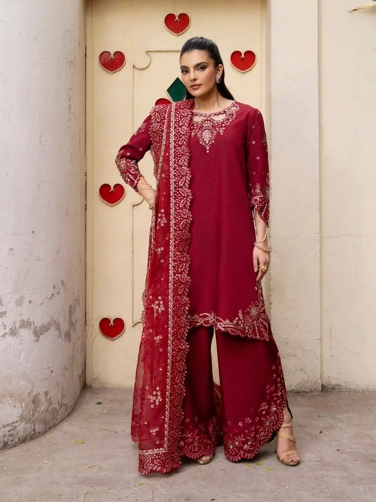Maroon-Haleema Sadia Sheesha Silk Embellished Stitched 3-Piece Suit-Elara