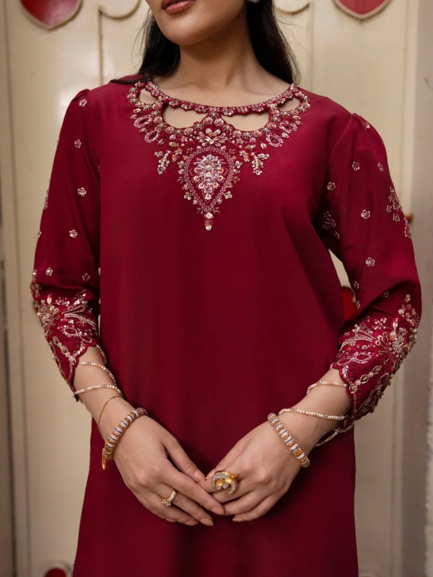 Maroon-Haleema Sadia Sheesha Silk Embellished Stitched 3-Piece Suit-Elara