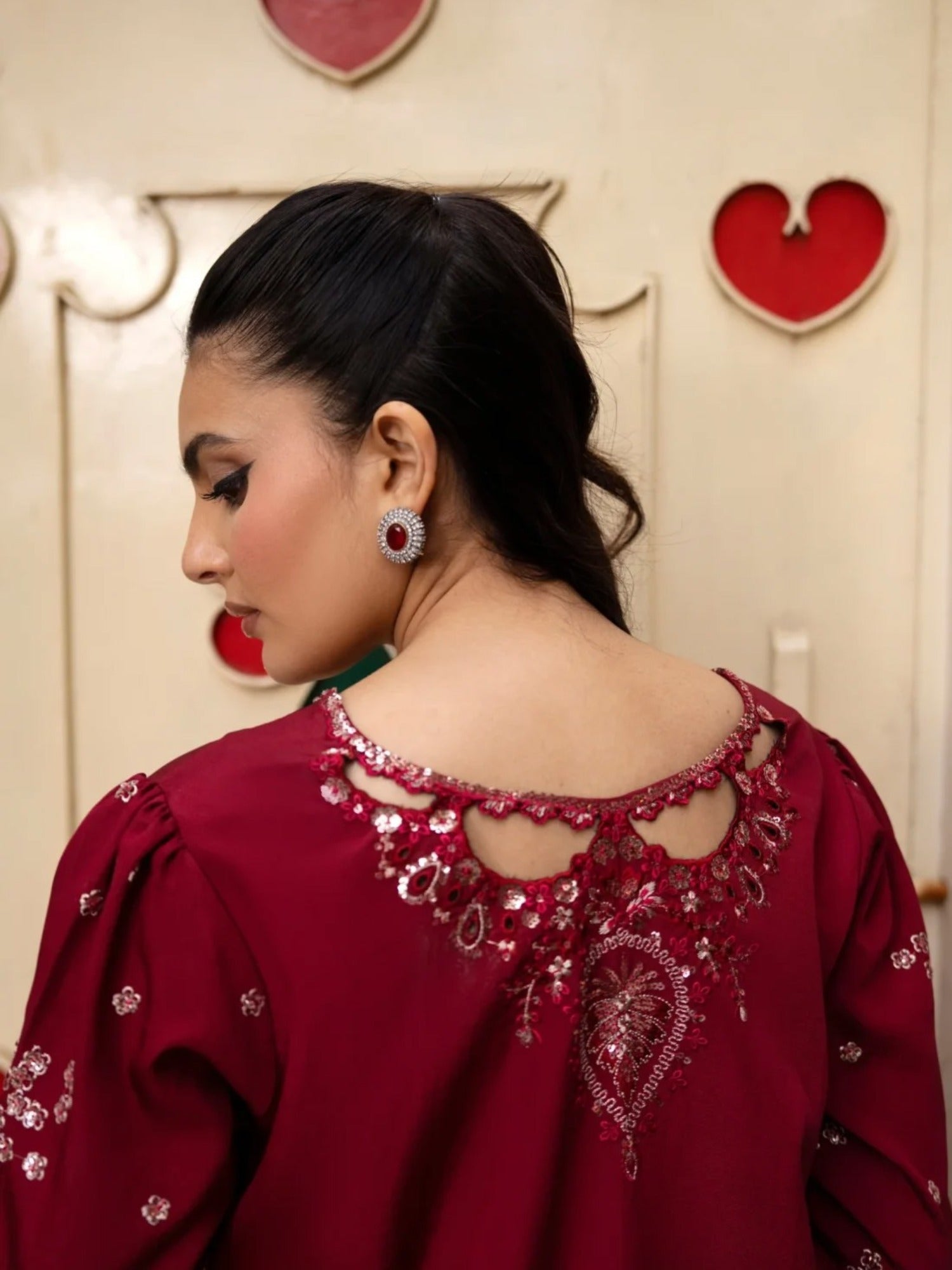 Maroon-Haleema Sadia Sheesha Silk Embellished Stitched 3-Piece Suit-Elara