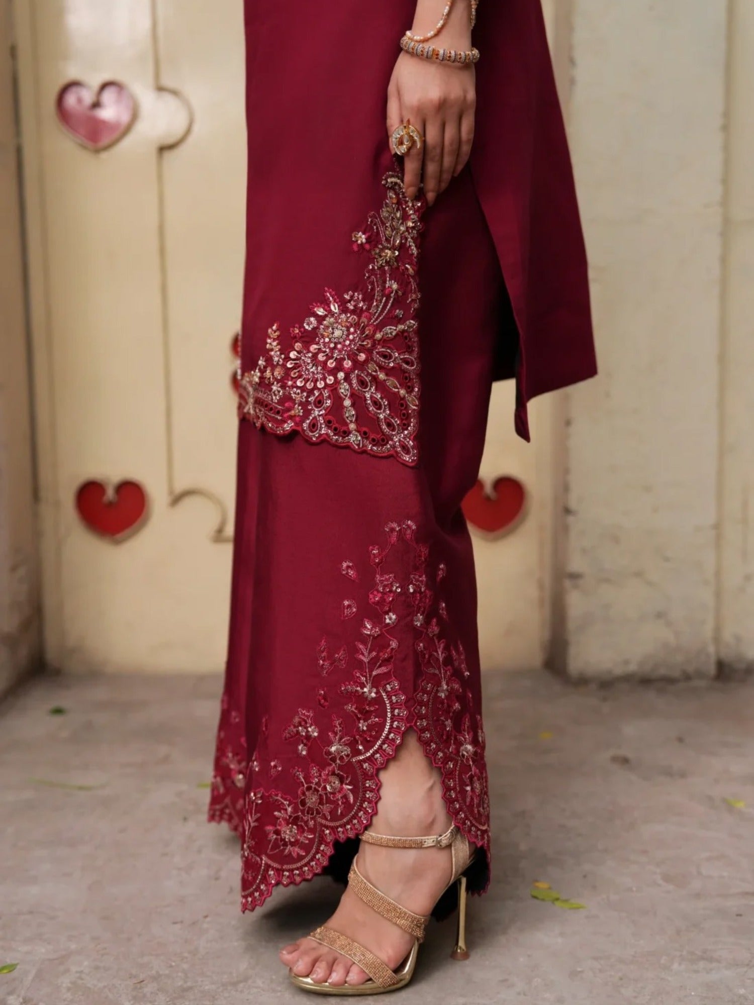 Maroon-Haleema Sadia Sheesha Silk Embellished Stitched 3-Piece Suit-Elara