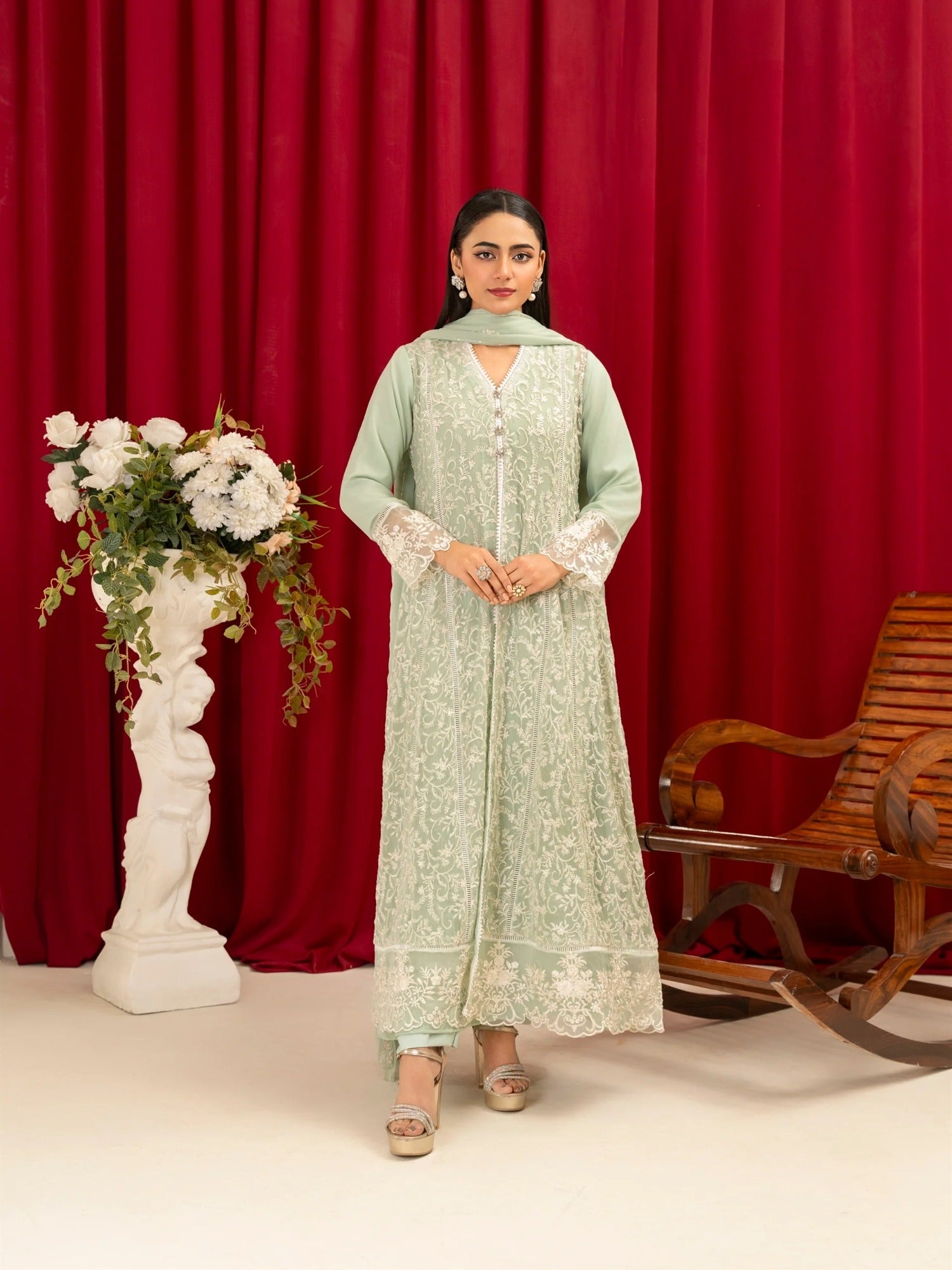 Mint Green Manahil Arts Chiffon Embroidered Stitched 3-Piece Suit-K-113-Mint Green