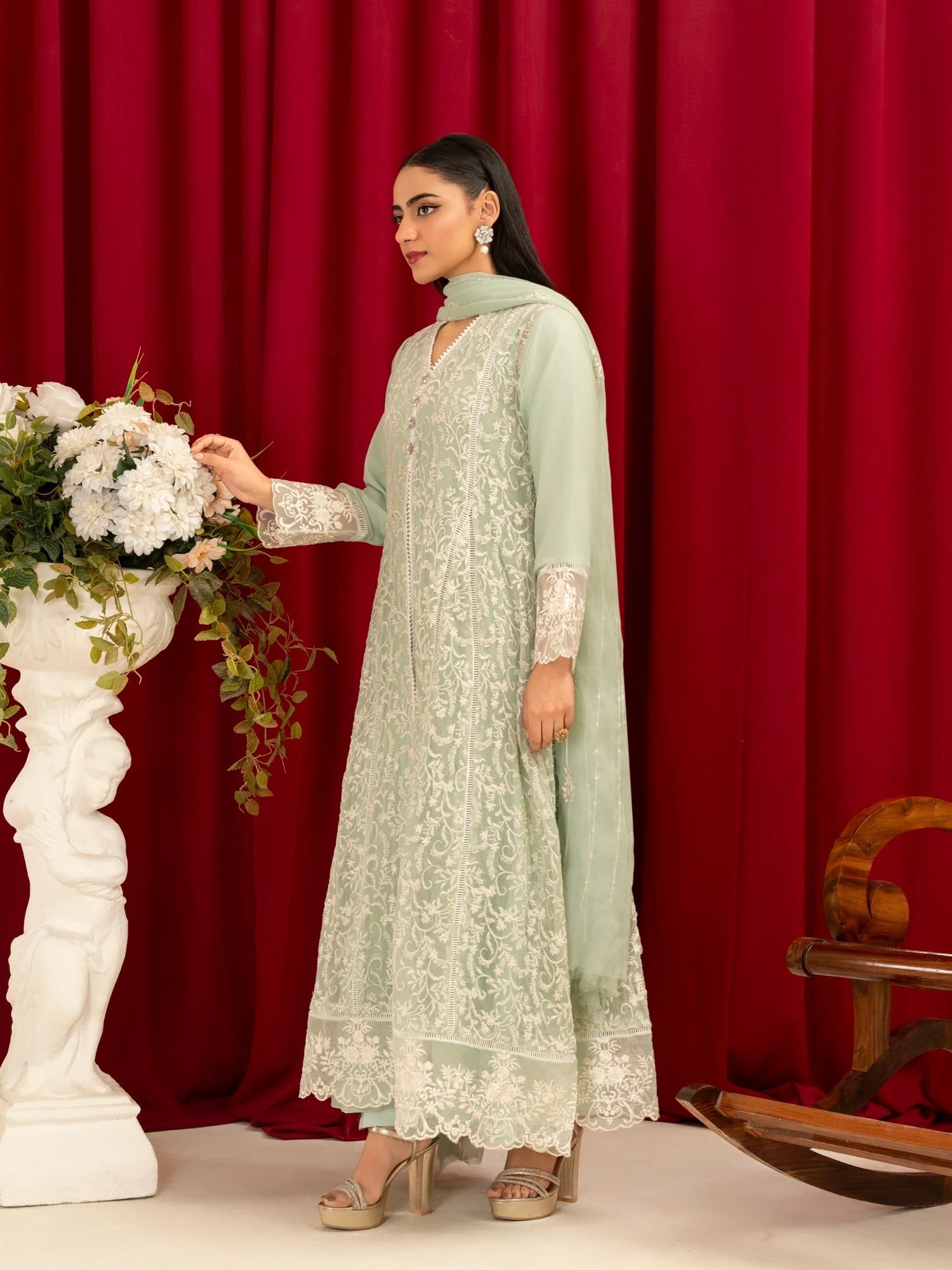 Mint Green Manahil Arts Chiffon Embroidered Stitched 3-Piece Suit-K-113-Mint Green