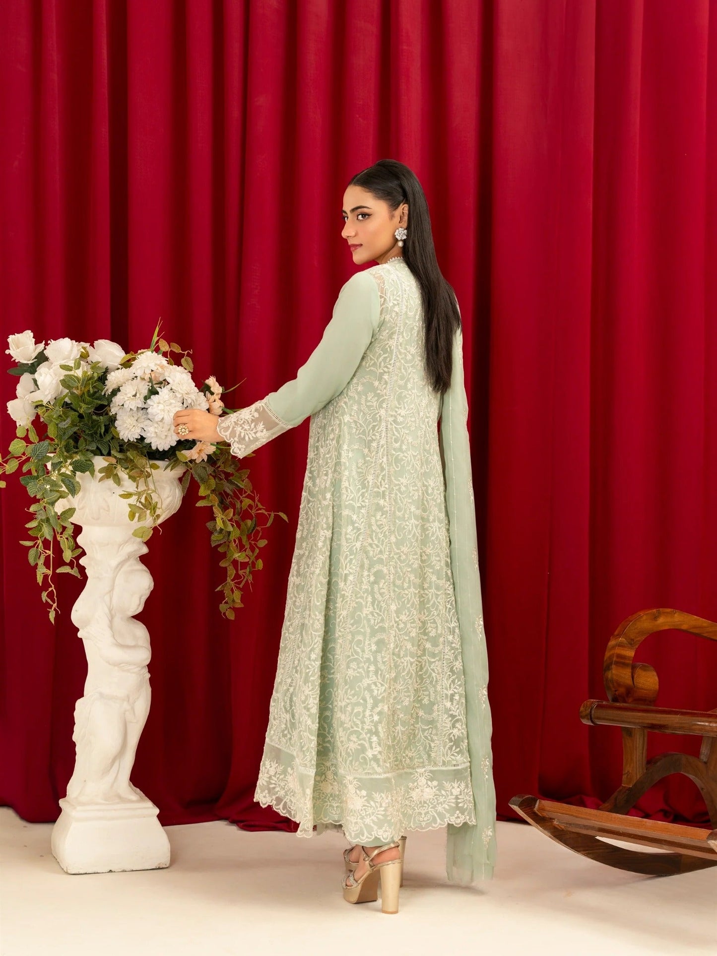 Mint Green Manahil Arts Chiffon Embroidered Stitched 3-Piece Suit-K-113-Mint Green