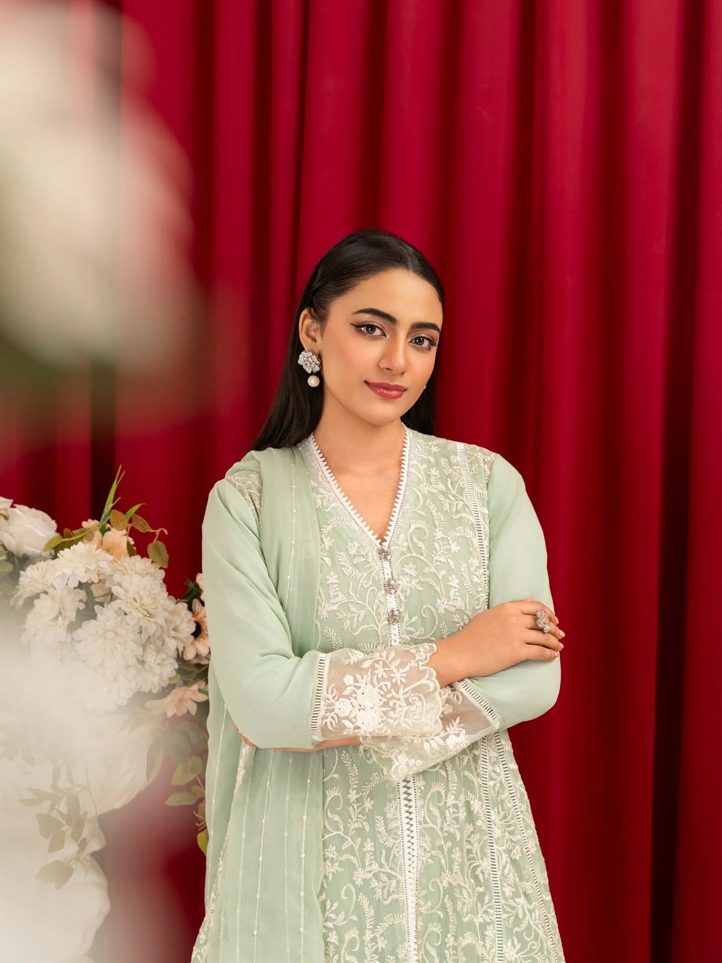 Mint Green Manahil Arts Chiffon Embroidered Stitched 3-Piece Suit-K-113-Mint Green
