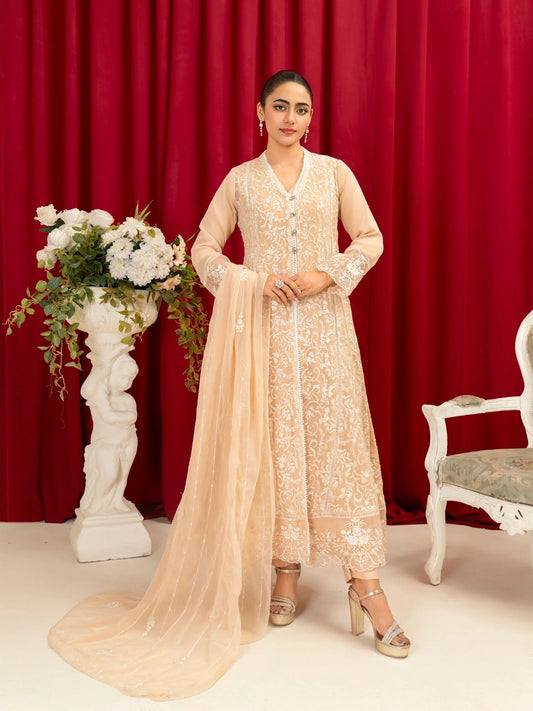Peach Manahil Arts Chiffon Embroidered Stitched 3-Piece Suit-K-113-Peach