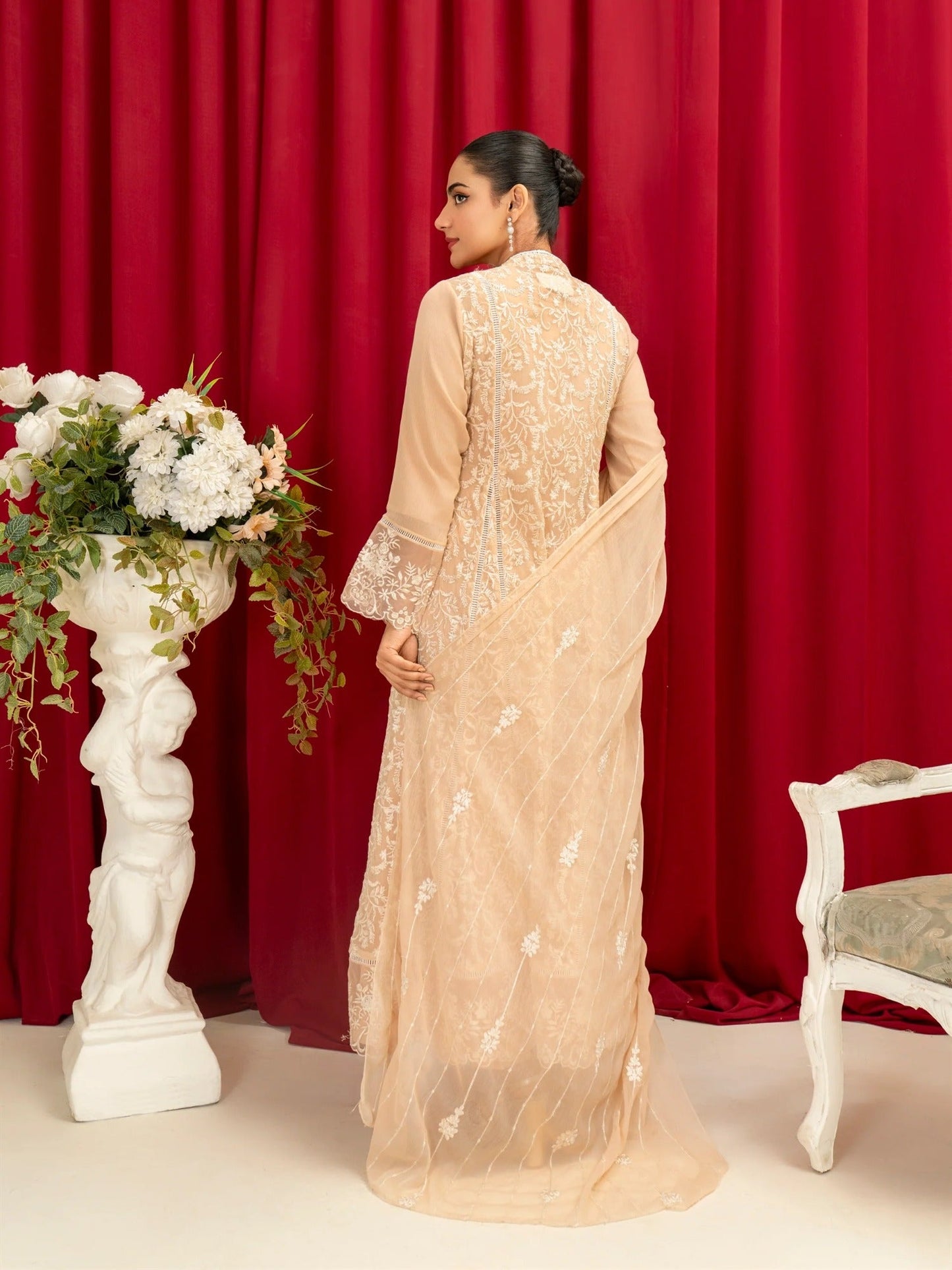Peach Manahil Arts Chiffon Embroidered Stitched 3-Piece Suit-K-113-Peach