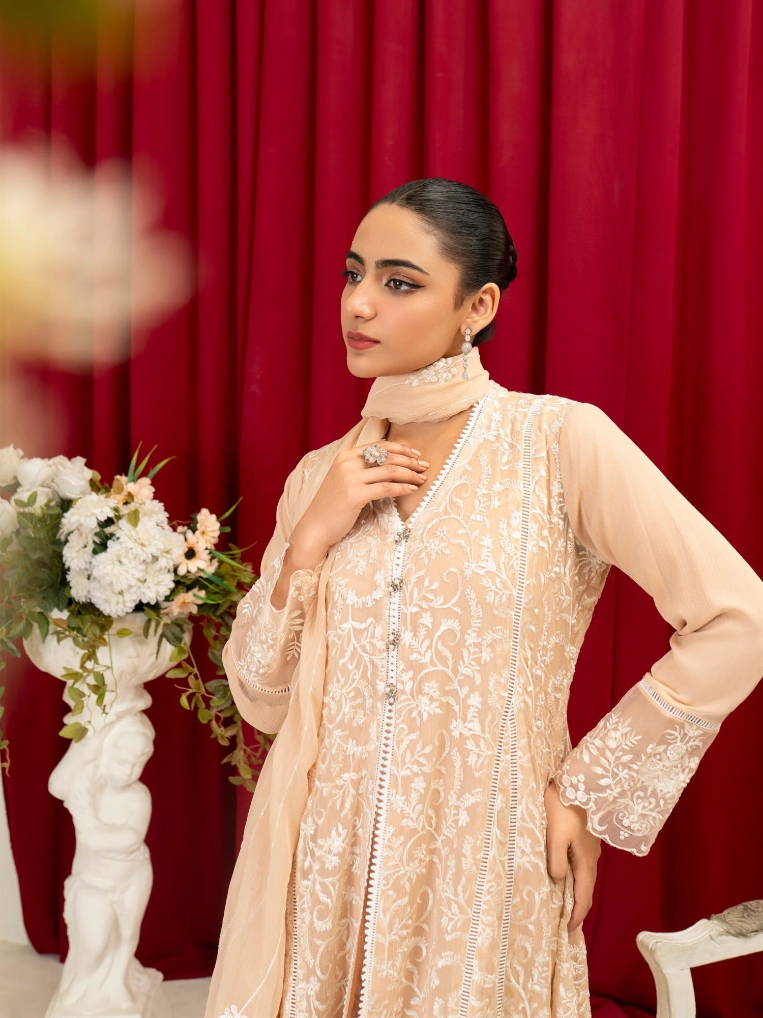 Peach Manahil Arts Chiffon Embroidered Stitched 3-Piece Suit-K-113-Peach