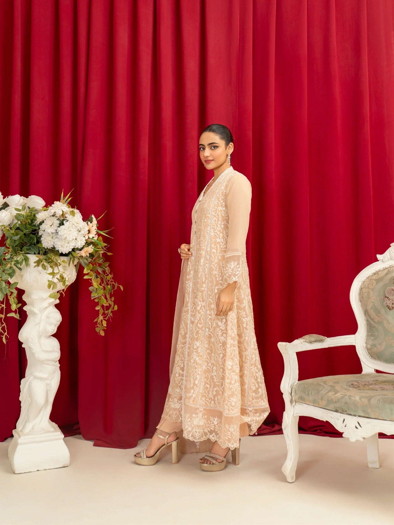 Peach Manahil Arts Chiffon Embroidered Stitched 3-Piece Suit-K-113-Peach