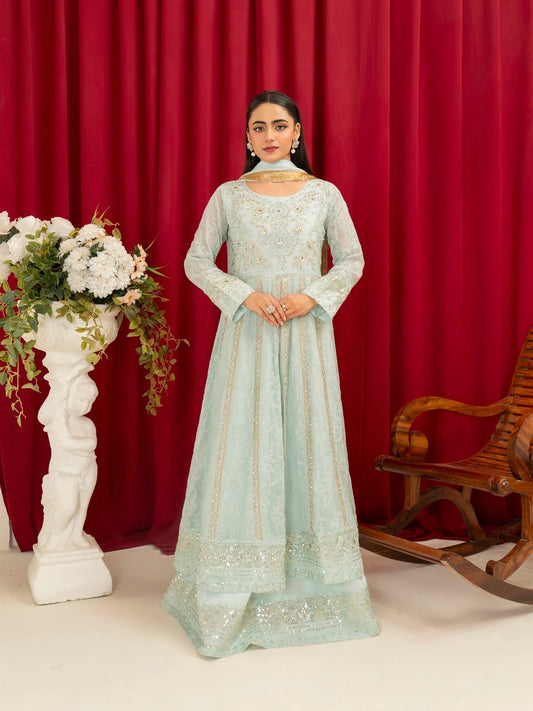 Blue Manahil Arts Chiffon Embellished Stitched 3-Piece Suit-B-007-Ice Blue