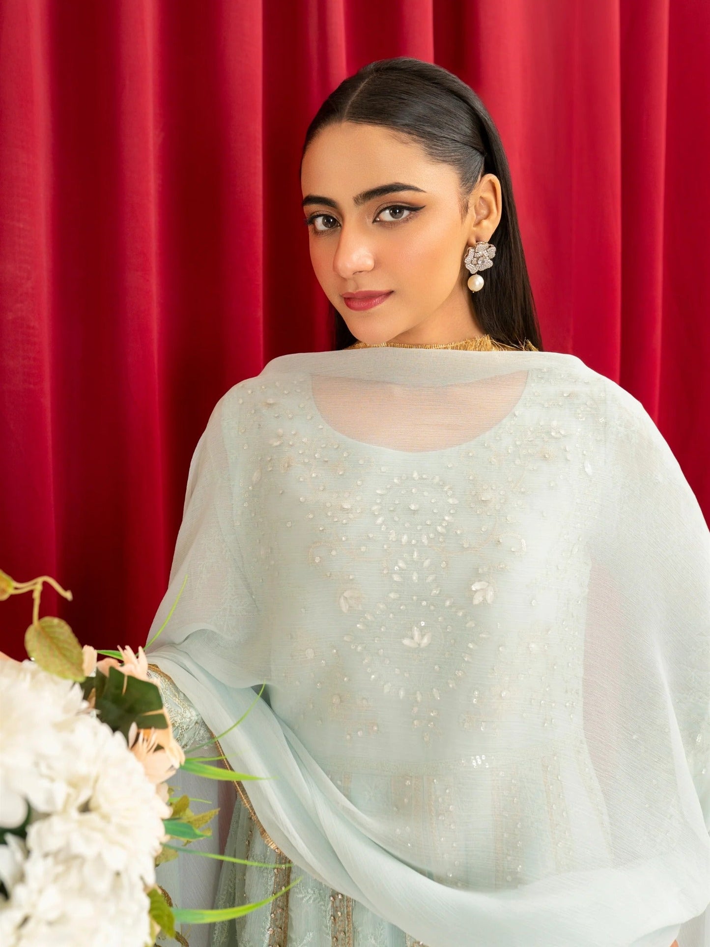 Blue Manahil Arts Chiffon Embellished Stitched 3-Piece Suit-B-007-Ice Blue
