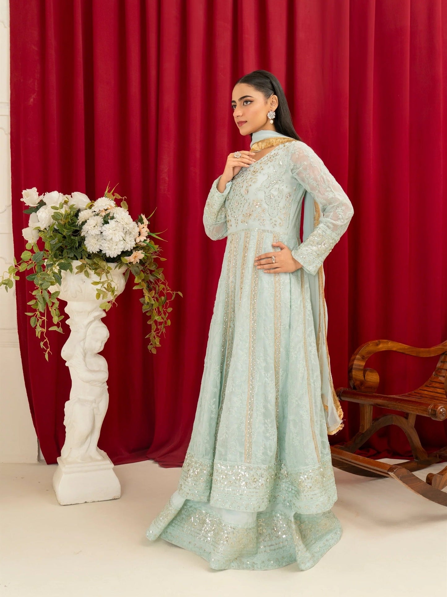 Blue Manahil Arts Chiffon Embellished Stitched 3-Piece Suit-B-007-Ice Blue