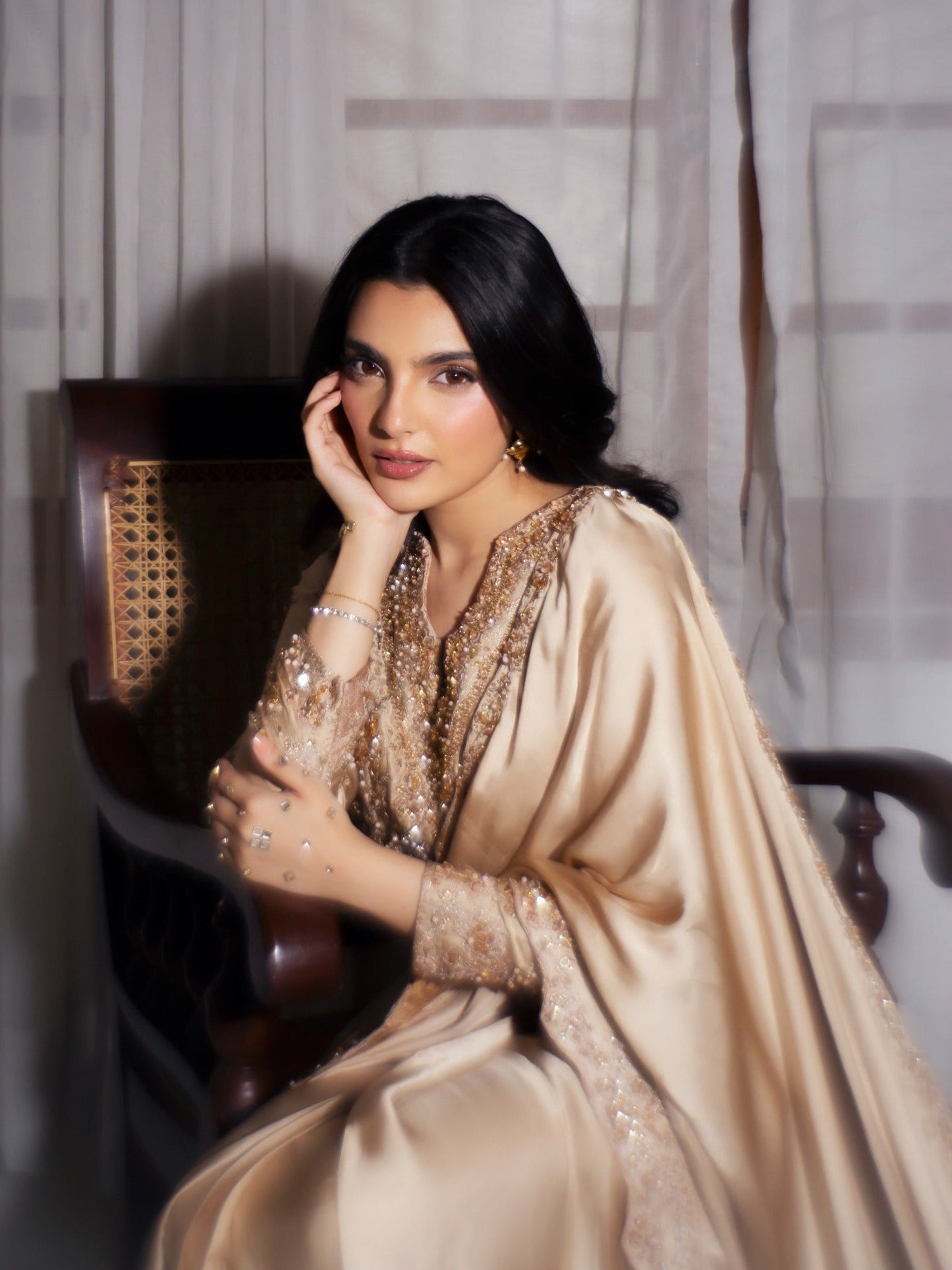 Champagne-Haleema Sadia Shamooz Silk Embellished Saree-Inara