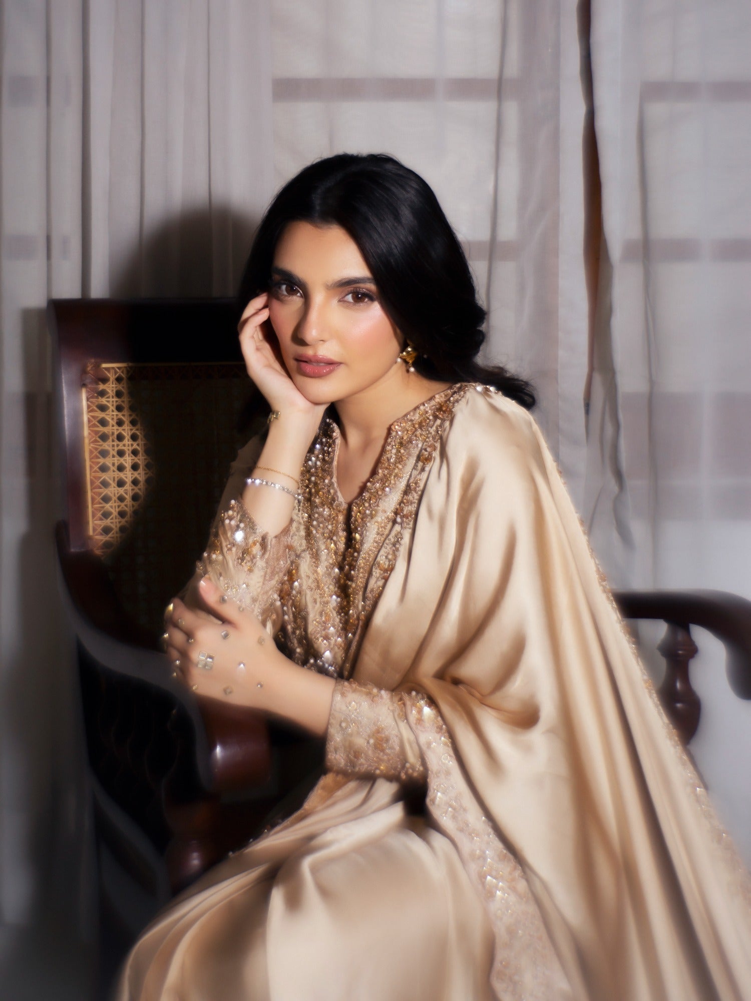 Champagne-Haleema Sadia Shamooz Silk Embellished Saree-Inara