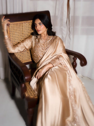 Champagne Haleema Sadia Shamooz Silk Embellished Saree Inara