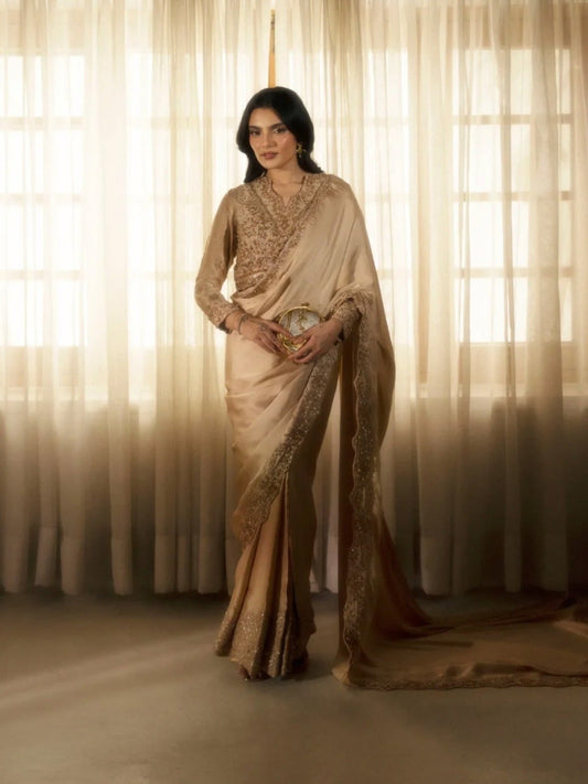 Champagne-Haleema Sadia Shamooz Silk Embellished Saree-Inara