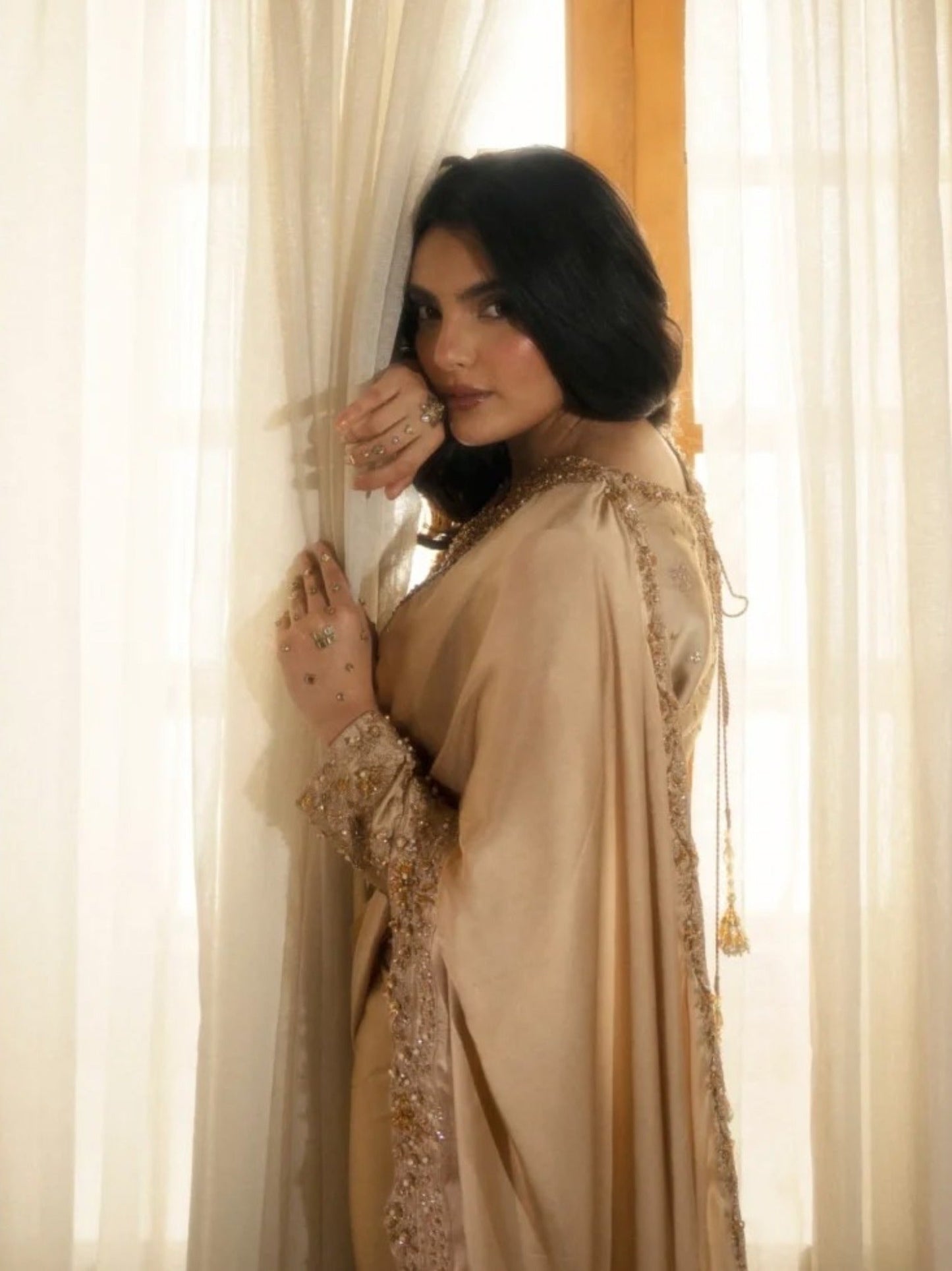 Champagne-Haleema Sadia Shamooz Silk Embellished Saree-Inara