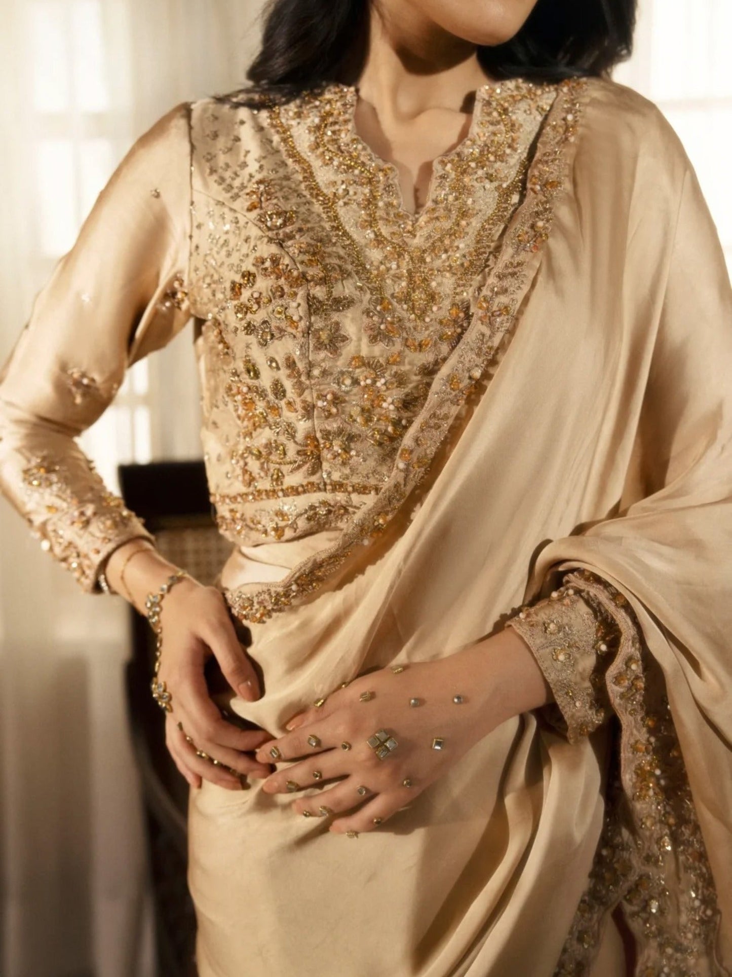 Champagne-Haleema Sadia Shamooz Silk Embellished Saree-Inara