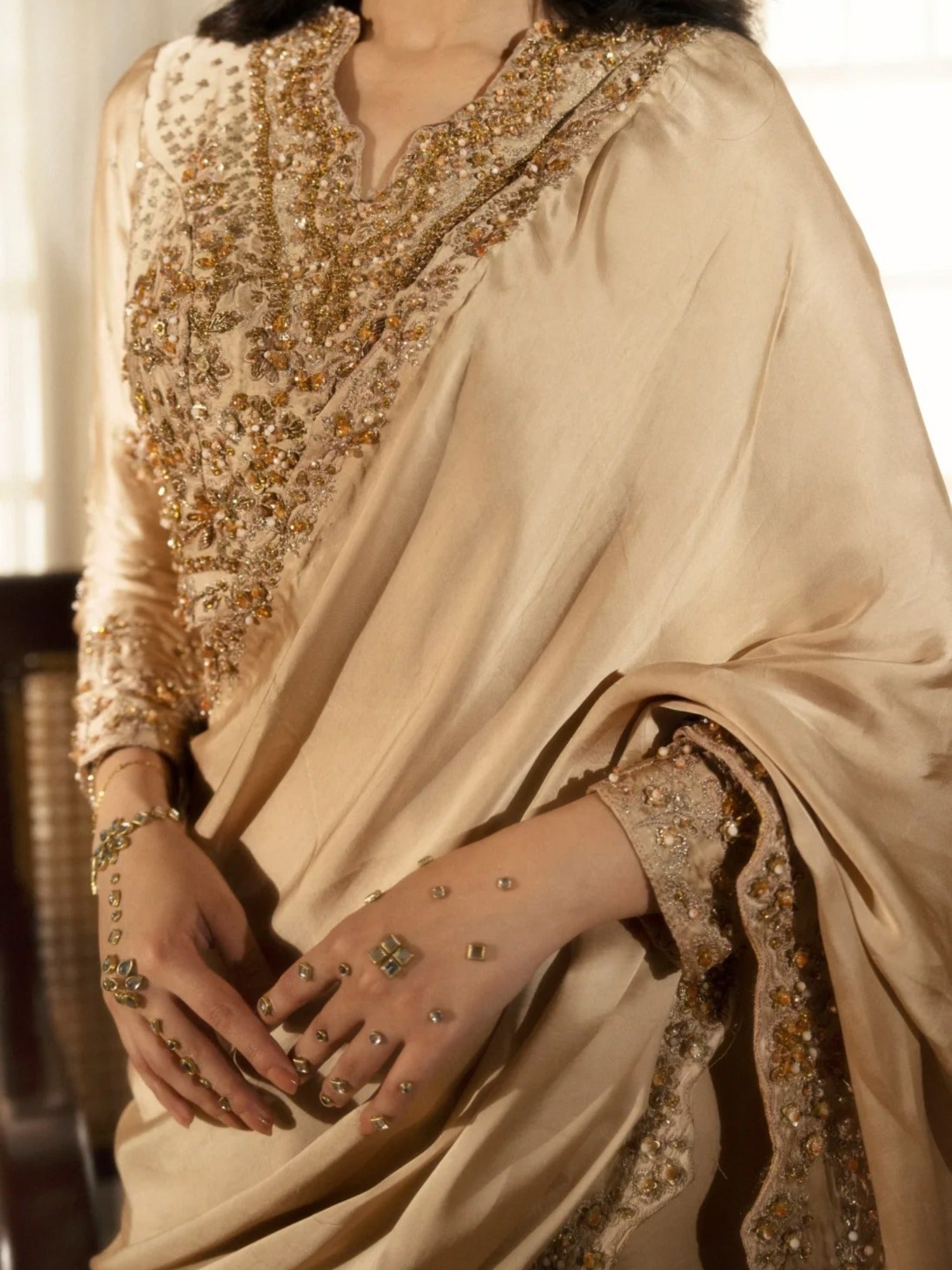 Champagne-Haleema Sadia Shamooz Silk Embellished Saree-Inara