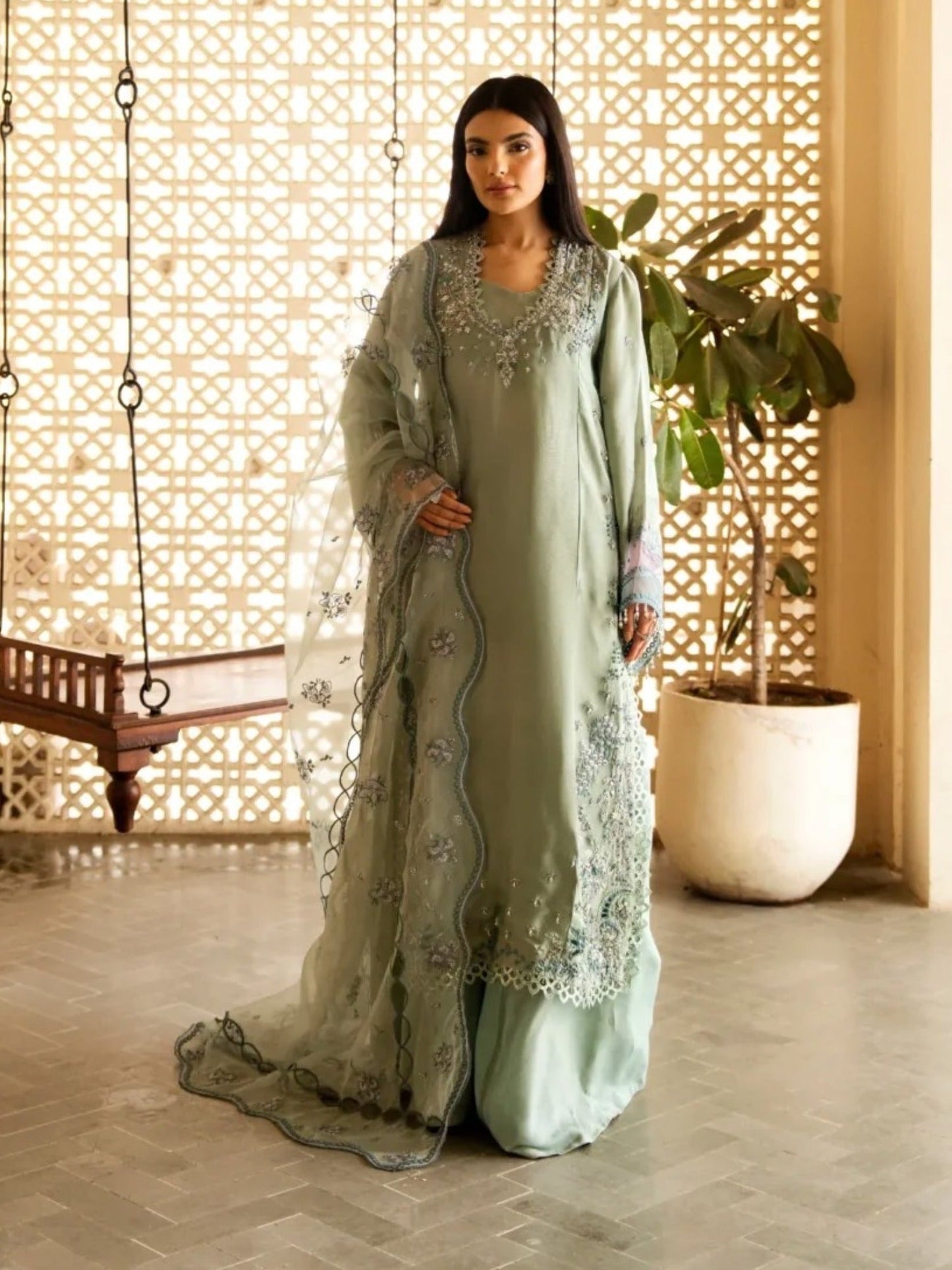 Mint Green-Haleema Sadia Sheesha Silk Embellished Stitched 3-Piece Suit-Sylva