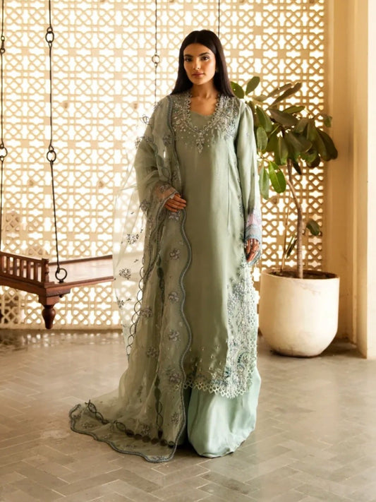 Mint Green-Haleema Sadia Sheesha Silk Embellished Stitched 3-Piece Suit-Sylva