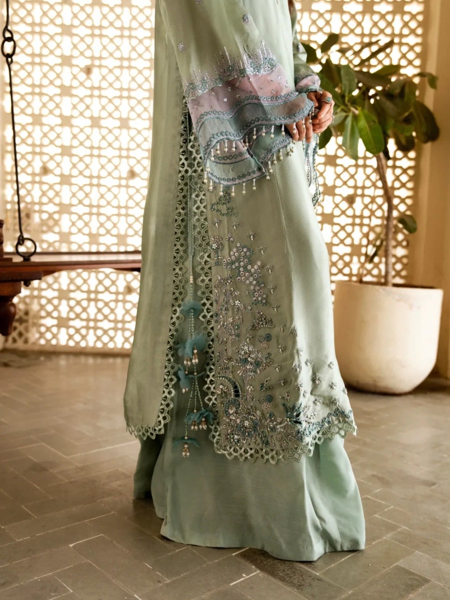 Mint Green-Haleema Sadia Sheesha Silk Embellished Stitched 3-Piece Suit-Sylva