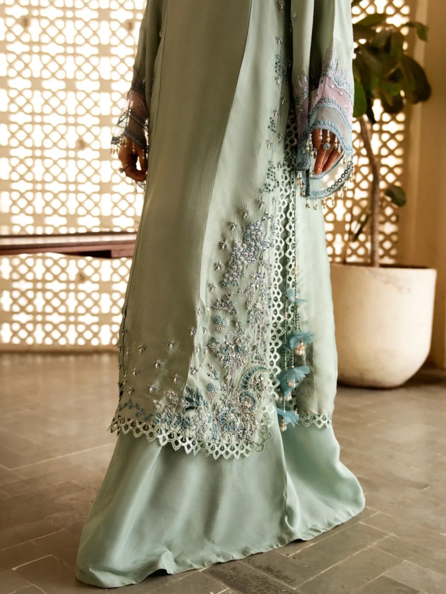 Mint Green-Haleema Sadia Sheesha Silk Embellished Stitched 3-Piece Suit-Sylva