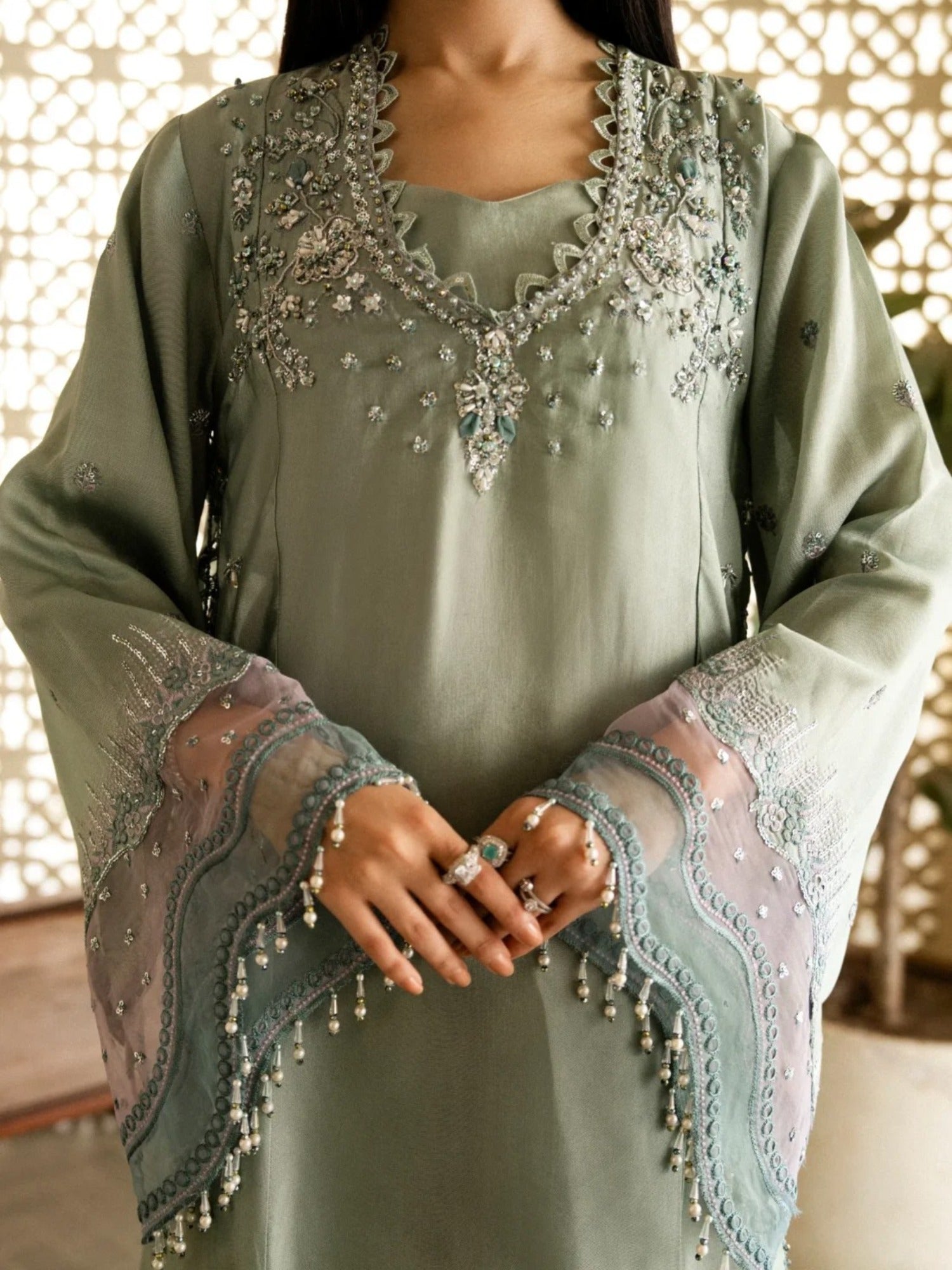 Mint Green-Haleema Sadia Sheesha Silk Embellished Stitched 3-Piece Suit-Sylva