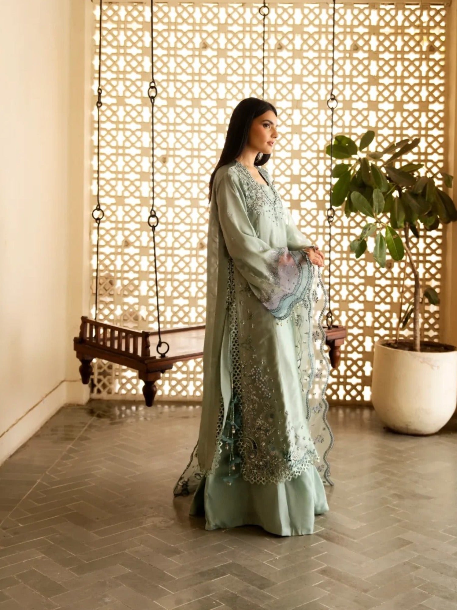 Mint Green-Haleema Sadia Sheesha Silk Embellished Stitched 3-Piece Suit-Sylva