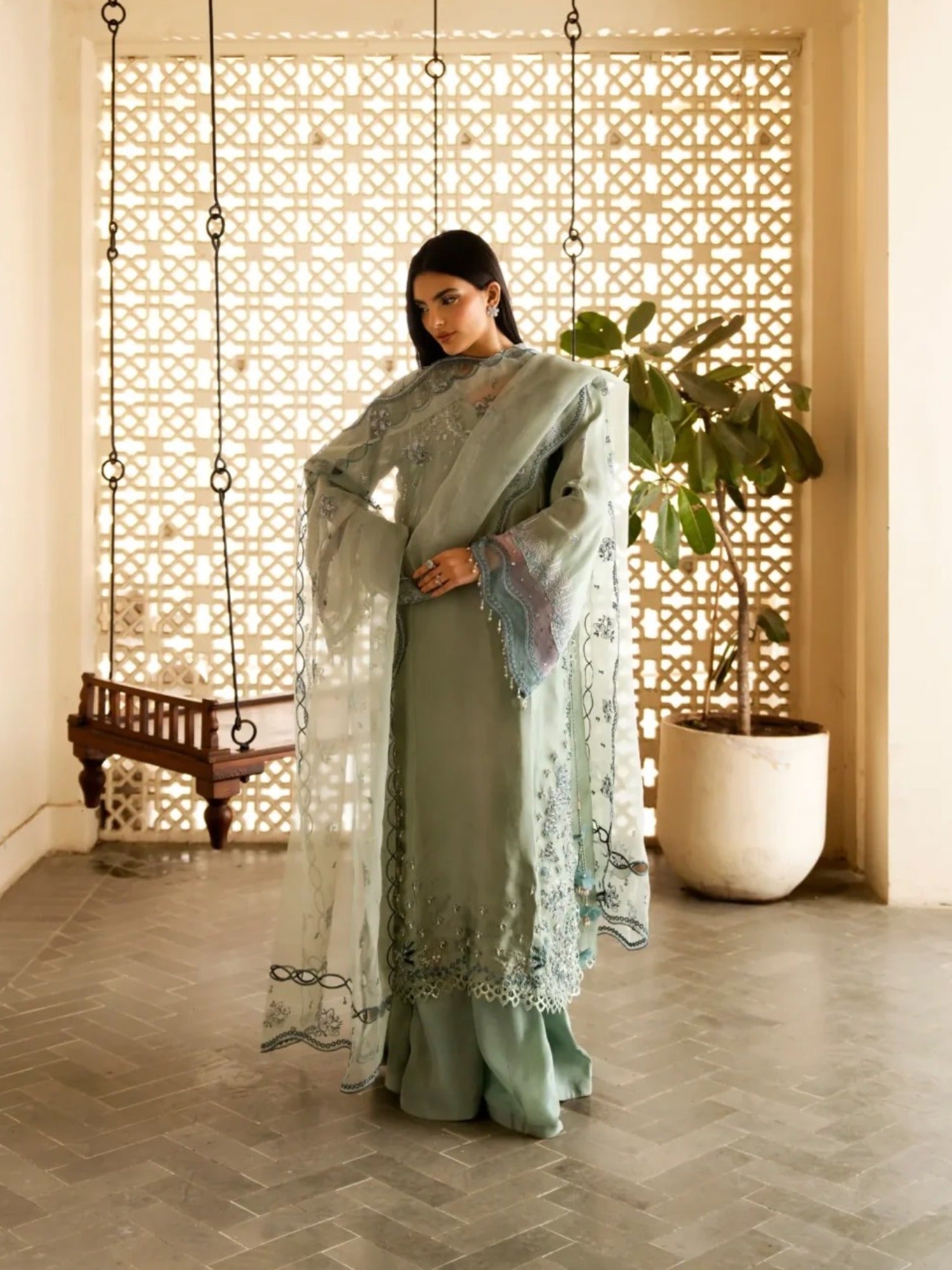 Mint Green-Haleema Sadia Sheesha Silk Embellished Stitched 3-Piece Suit-Sylva