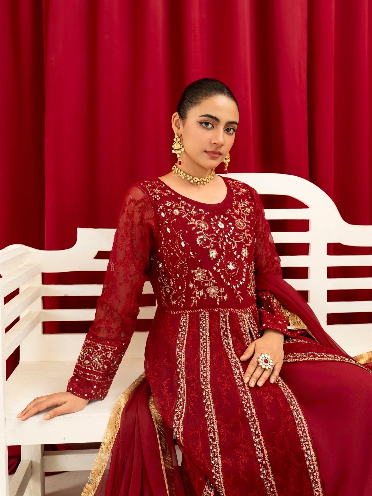 Manahil Arts Chiffon Embellished Stitched 3-Piece Suit-B-007-Maroon